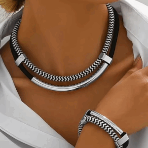 2PCS Set New Fashion Black and White Thick Double Line Metal Tube Exaggerated Hip-Hop Style Necklace Bracelet Set for Daily Wear - Image 6