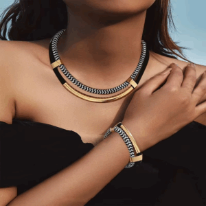 2PCS Set New Fashion Black and White Thick Double Line Metal Tube Exaggerated Hip-Hop Style Necklace Bracelet Set for Daily Wear - Image 7