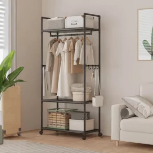Clothing Storage Rack with Wheels, Hooks & Shelves - Space-Saving Organizer, Durable Freestanding Clothes Organizer for Bedroom - Image 2