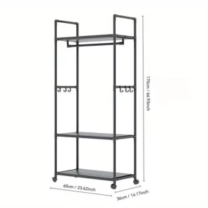 Clothing Storage Rack with Wheels, Hooks & Shelves - Space-Saving Organizer, Durable Freestanding Clothes Organizer for Bedroom - Image 3