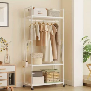 Clothing Storage Rack with Wheels, Hooks & Shelves - Space-Saving Organizer, Durable Freestanding Clothes Organizer for Bedroom - Image 6