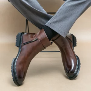 Fashion Mens Leather Chelsea Boots Luxury Quality Thick Soled Handmade British Style Ankle Side Zipper Business Social Shoes Man - Image 2