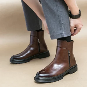 Fashion Mens Leather Chelsea Boots Luxury Quality Thick Soled Handmade British Style Ankle Side Zipper Business Social Shoes Man - Image 3
