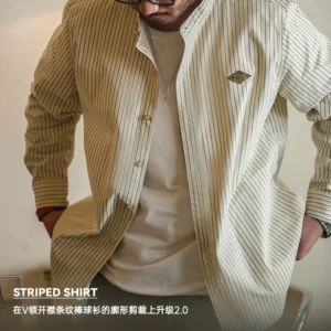 Maden Retro Vertical Pinstripes Shirts for Men 100% Cotton Band Collar Long Sleeve Blouses Uncle Fu Loose Baseball Shirt Jacket - Image 2