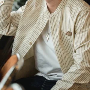 Maden Retro Vertical Pinstripes Shirts for Men 100% Cotton Band Collar Long Sleeve Blouses Uncle Fu Loose Baseball Shirt Jacket - Image 3