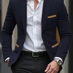 Men's Corduroy Blazer Pocket Color Block Jacket Moderate Thickness Business Wear Fitted Design for Spring & Fall - Image 4