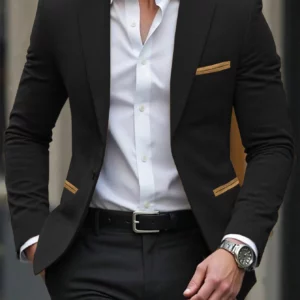 Men's Corduroy Blazer Pocket Color Block Jacket Moderate Thickness Business Wear Fitted Design for Spring & Fall - Image 5