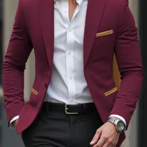 Men's Corduroy Blazer Pocket Color Block Jacket Moderate Thickness Business Wear Fitted Design for Spring & Fall - Image 6