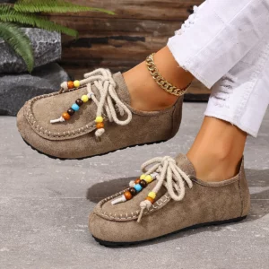 Retro Style Women Flat Sneakers 2025 New Leisure Spring Autumn Sneakers Women Round Toe Lace-up String Bead Shoes for Women - Image 2