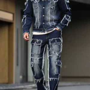 Men's spring and autumn denim suit, multi - pocket design, wide straight - leg pants style - Image 6