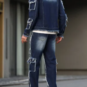 Men's spring and autumn denim suit, multi - pocket design, wide straight - leg pants style - Image 5