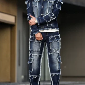 Men's spring and autumn denim suit, multi - pocket design, wide straight - leg pants style - Image 4
