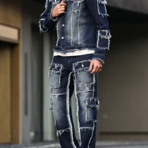 Men's spring and autumn denim suit, multi - pocket design, wide straight - leg pants style - Image 3