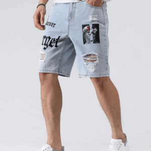 Men Summer Stretchy Denim Shorts Jeans For Men Streetwear Letter Ripped Knee length Baggy Comfort Cargo Casual Shorts Pants Jean - Image 5