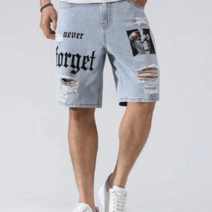 Men Summer Stretchy Denim Shorts Jeans For Men Streetwear Letter Ripped Knee length Baggy Comfort Cargo Casual Shorts Pants Jean - Image 6
