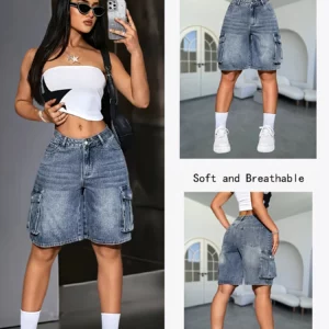 Women's Multi-Pocket Bermuda Blue Overalls - Image 4