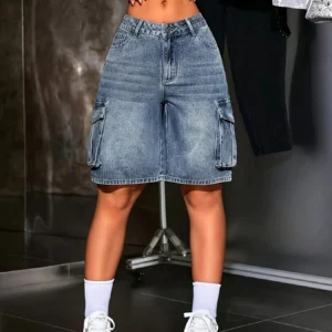 Women's Multi-Pocket Bermuda Blue Overalls - Image 3