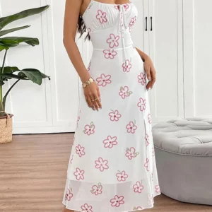 Women's Sling Maxi Dresses New Summer Streetwear Fashion Lace-up Split Dress Sexy Pink Print Backless Female Dresses Clothing - Image 5