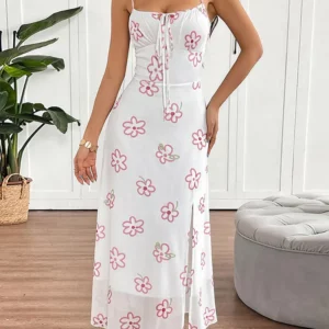Women's Sling Maxi Dresses New Summer Streetwear Fashion Lace-up Split Dress Sexy Pink Print Backless Female Dresses Clothing - Image 4