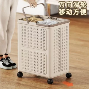 Dirty Clothes Basket Foldable with Wheels Plastic Clothes Storage Basket Removable Oversized Laundry Basket Trolley with Wheels - Image 1
