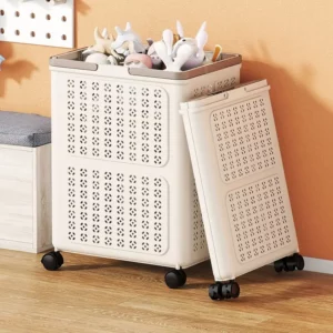 Dirty Clothes Basket Foldable with Wheels Plastic Clothes Storage Basket Removable Oversized Laundry Basket Trolley with Wheels - Image 2