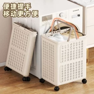 Dirty Clothes Basket Foldable with Wheels Plastic Clothes Storage Basket Removable Oversized Laundry Basket Trolley with Wheels - Image 4
