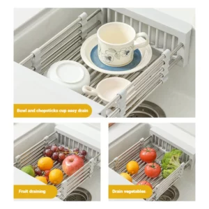 Kitchen Sink Drain Rack Stainless Steel Extendable Dish Drying Rack Drain basket Fruit Vegetable Washing Drainer Storage rack - Image 4