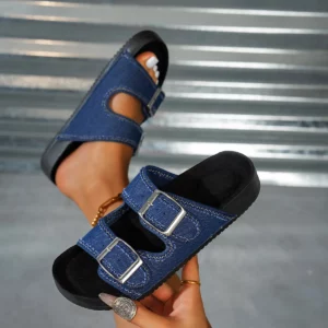 Women's Autumn/Winter Fashionable Versatile Slip-On Indoor Slippers with Double-Row Buckle Design, Non-Slip Round Toe, Low Heel - Image 1