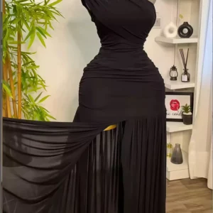 Women One Shoulder Skew Neck High Split Pleated Hem Bodycon Long Maxi Dress 2025 Evening Sexy Club Party Dresses Vestido - Image 3