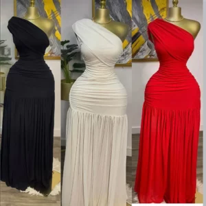 Women One Shoulder Skew Neck High Split Pleated Hem Bodycon Long Maxi Dress 2025 Evening Sexy Club Party Dresses Vestido - Image 4