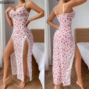 2025 Women's Summer Sexy Leopard Print Nightgown Satin V-Neck Lace Trim Dress Hight Side Slit Contrast Lace Nightgown for Women - Image 4
