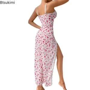 2025 Women's Summer Sexy Leopard Print Nightgown Satin V-Neck Lace Trim Dress Hight Side Slit Contrast Lace Nightgown for Women - Image 5