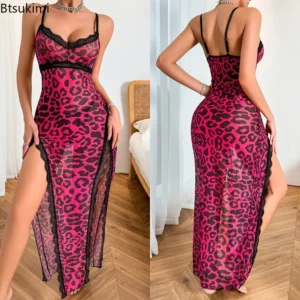 2025 Women's Summer Sexy Leopard Print Nightgown Satin V-Neck Lace Trim Dress Hight Side Slit Contrast Lace Nightgown for Women - Image 6