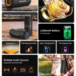 Awei Portable Bluetooth TWS dual speaker Stereo LED flashing outdoor waterproof speaker 2000mAh subwoofer with AUX cable - Image 6