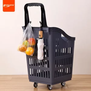 AOLIVIYA Supermarket Pull Rod Shopping Basket Extra Large Pull Rod with Wheels Hypermarket Hand Basket Plastic Trolley Red Veget - Image 1