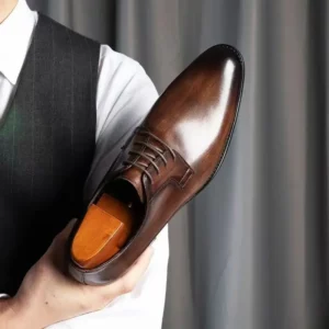 Wood Pattern Derby Shoes Men Breathable Mens Dress Shoes High Quality Leather Office Wedding Shoe Lace Up Hand-colored Business - Image 3