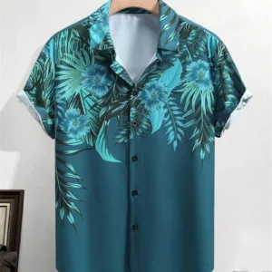 Men's tropical plant print lapel front button casual short sleeved shirt for summer Hawaii travel short sleeved shirt - Image 7