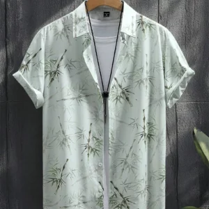 Men's tropical plant print lapel front button casual short sleeved shirt for summer Hawaii travel short sleeved shirt - Image 5