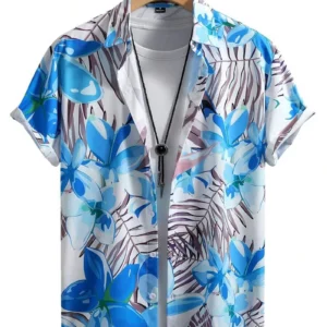 Men's tropical plant print lapel front button casual short sleeved shirt for summer Hawaii travel short sleeved shirt - Image 4