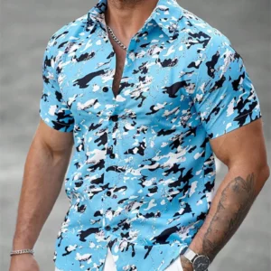 Men's tropical plant print lapel front button casual short sleeved shirt for summer Hawaii travel short sleeved shirt - Image 3