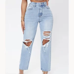 Europe and America Water Washing High-waisted Baggy Jeans, Women's Spring and Summer New Fashion Hole Break Jeans Spice Girl - Image 4