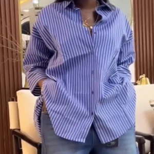 Striped Oversized Button Down Shirts for Women with Wide Three Quarter Sleeve and High Low Hem for Casual Office or Weekend Wear - Image 6