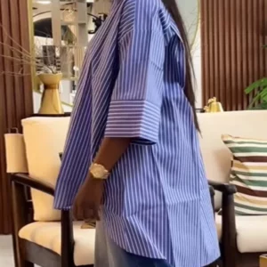 Striped Oversized Button Down Shirts for Women with Wide Three Quarter Sleeve and High Low Hem for Casual Office or Weekend Wear - Image 4