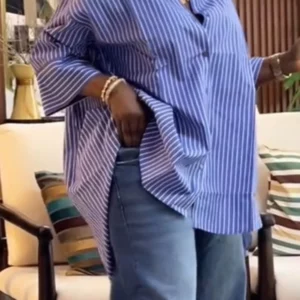 Striped Oversized Button Down Shirts for Women with Wide Three Quarter Sleeve and High Low Hem for Casual Office or Weekend Wear - Image 5