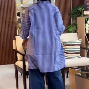 Striped Oversized Button Down Shirts for Women with Wide Three Quarter Sleeve and High Low Hem for Casual Office or Weekend Wear - Image 3