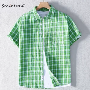 Schinteon Men 100% Pure Cotton Plaid Shirt Short Sleeved Turn-down Collar Thin Casual Comfortable Shirts 2025 Summer Top - Image 2