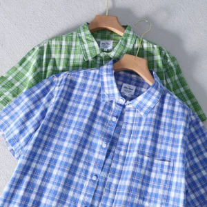 Schinteon Men 100% Pure Cotton Plaid Shirt Short Sleeved Turn-down Collar Thin Casual Comfortable Shirts 2025 Summer Top - Image 3