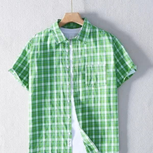 Schinteon Men 100% Pure Cotton Plaid Shirt Short Sleeved Turn-down Collar Thin Casual Comfortable Shirts 2025 Summer Top - Image 7