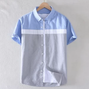 Schinteon Brand Men Summer 100% Cotton Shirt Oxford Short sleeved Smart Casual Slim Patchwork Shirt Turn-down Collar New - Image 3