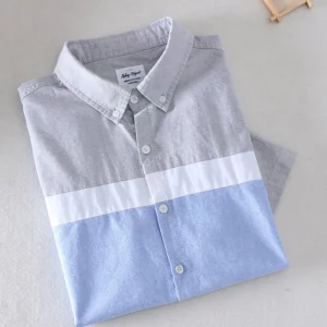 Schinteon Brand Men Summer 100% Cotton Shirt Oxford Short sleeved Smart Casual Slim Patchwork Shirt Turn-down Collar New - Image 5
